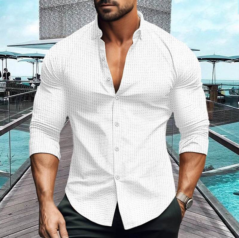 Buycenter Men's Solid Color Long-Sleeved Shirt - Casual Cardigan Style - Buy Center US