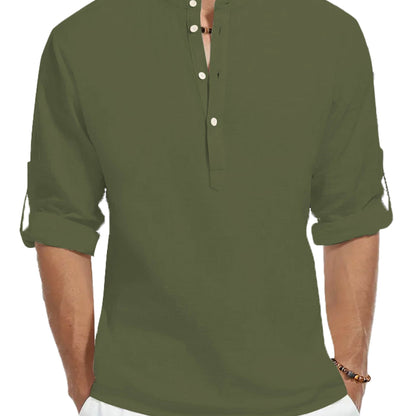 Men's 100% Cotton Long Sleeve Shirt - Casual Solid Color Stand Collar - Buy Center US
