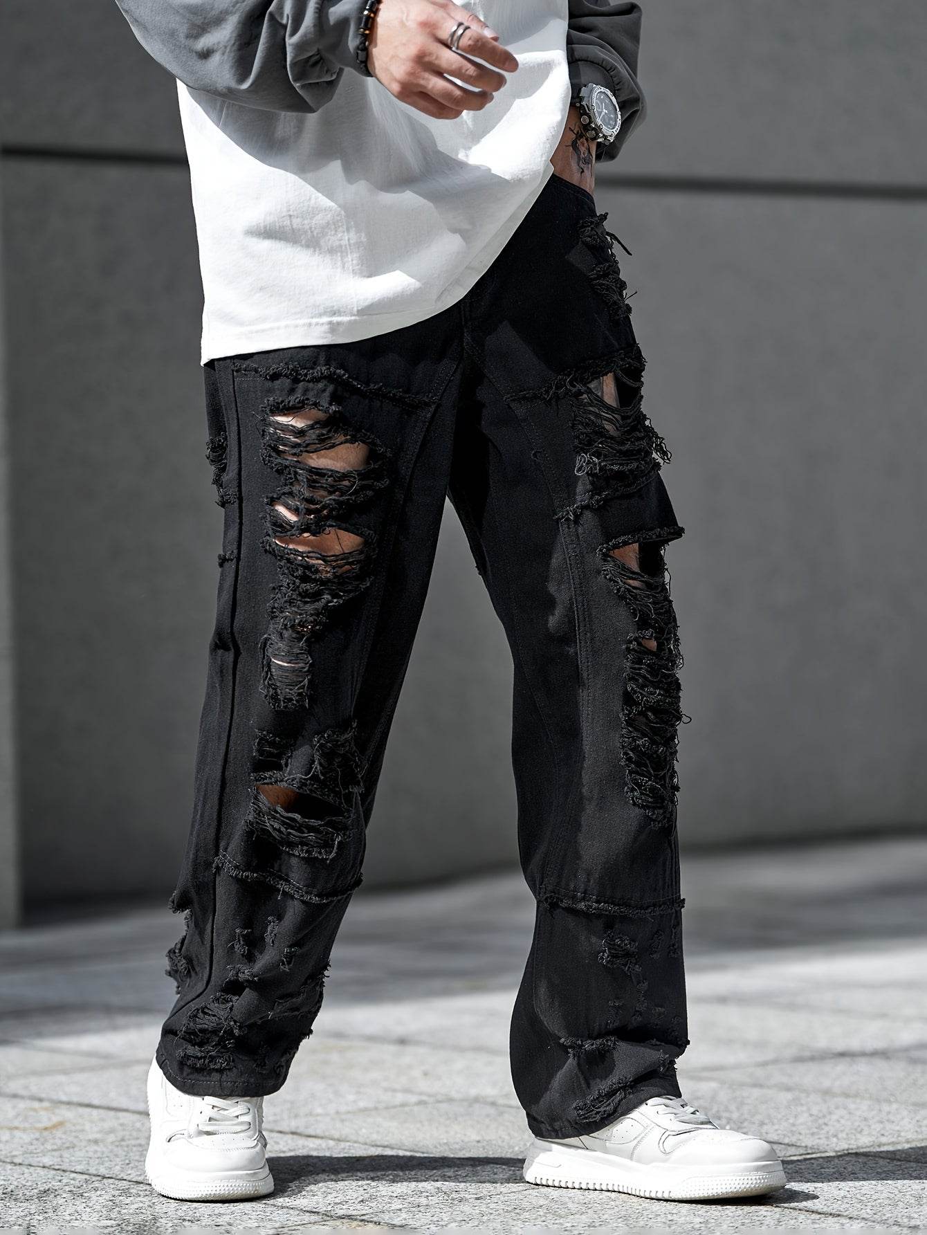 Urban Chic Men's Ripped Jeans - Loose Fit Wide Leg Design for Casual Wear - Buy Center US