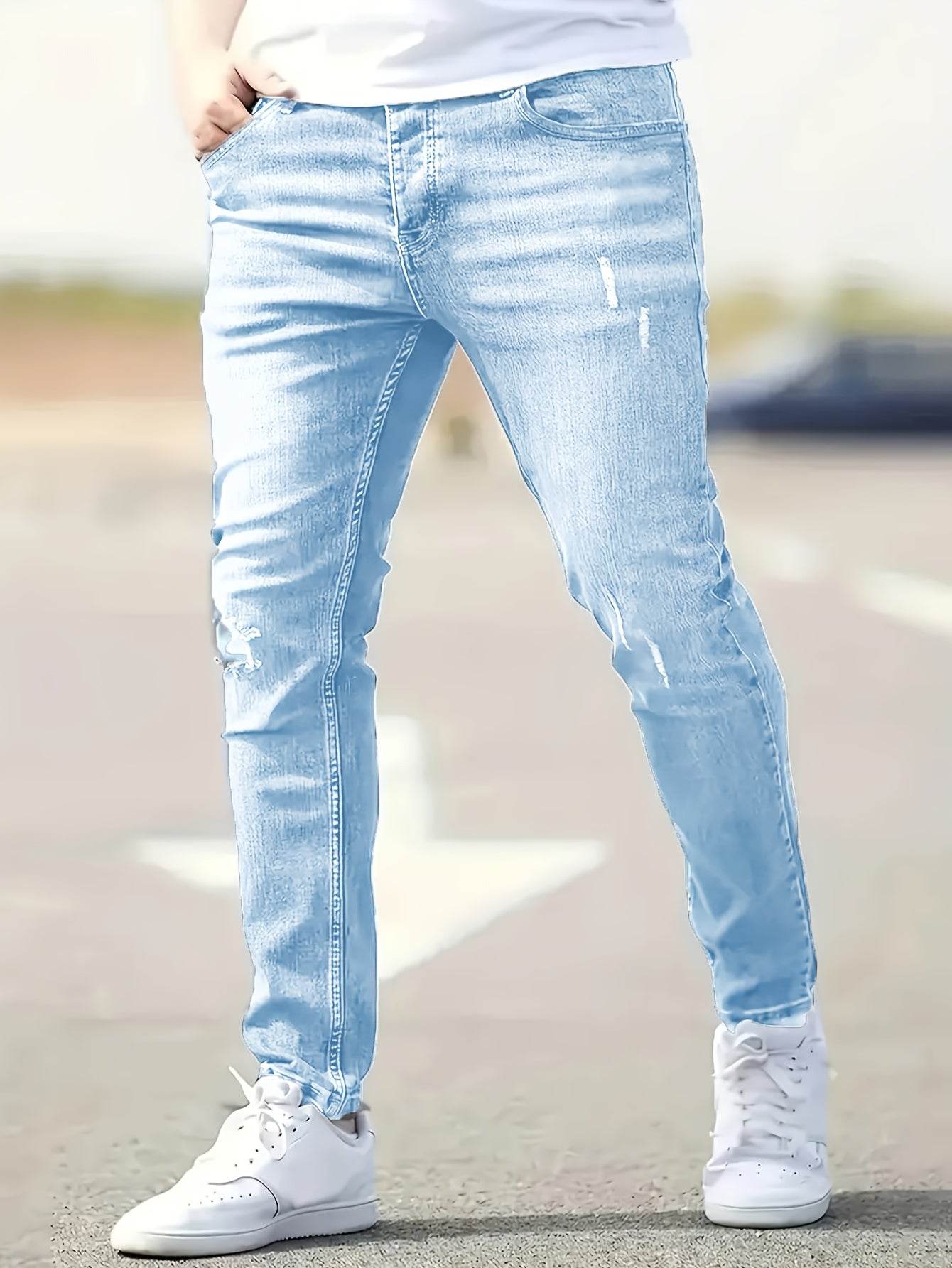 Men's Fashionable Skinny Jeans - Medium Stretch, Raw Wash, All-Season Fit - Buy Center US