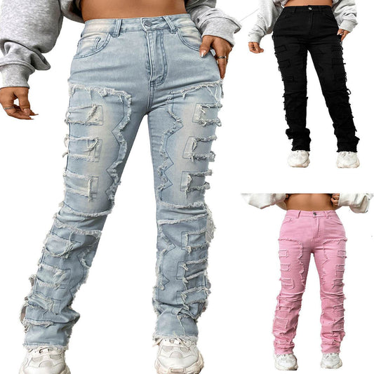 Women's Embroidered Straight-Leg Jeans - Fashionable Patchwork Design - Buy Center US