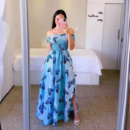 Off-Shoulder Printed Butterfly Dress - Rainbow Colors & Swing Style - Buy Center US