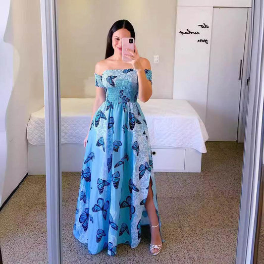Off-Shoulder Printed Butterfly Dress - Rainbow Colors & Swing Style - Buy Center US