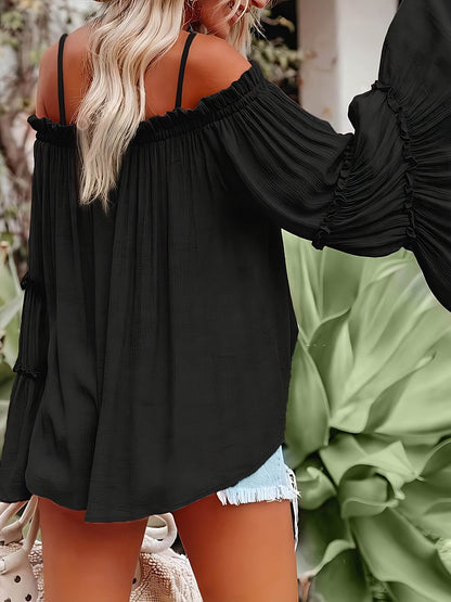 Elegant Women's One Shoulder Flared Sleeve Shirt - Solid Color Casual Wear - Buy Center US