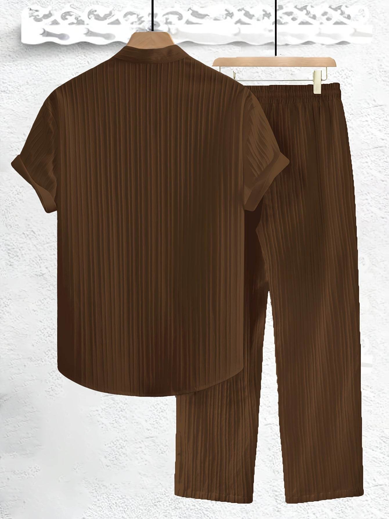 Men's Casual Summer Co-ord Set - Short Sleeve Shirt & Pants, Solid Color - Buy Center US