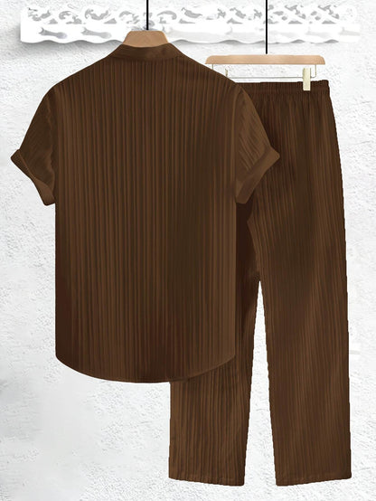 Men's Casual Summer Co-ord Set - Short Sleeve Shirt & Pants, Solid Color - Buy Center US