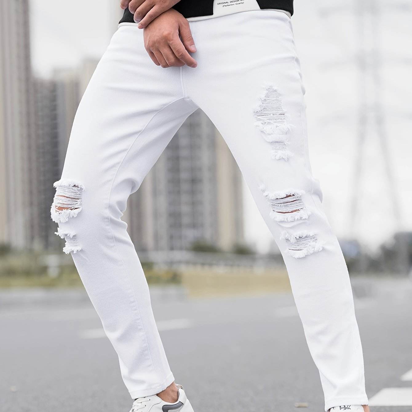 Men's Ripped Skinny Jeans - Stretch Denim Casual Wear | Distressed White/Black - Buy Center US