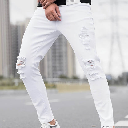 Men's Ripped Skinny Jeans - Stretch Denim Casual Wear | Distressed White/Black - Buy Center US