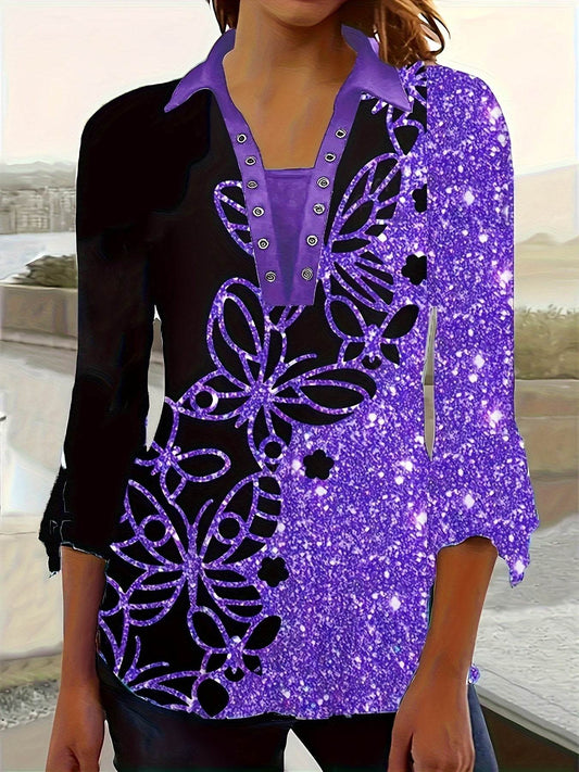 New Printed Lapel T-shirt - Three-Quarter Sleeve with Irregular Cuff - Buy Center US