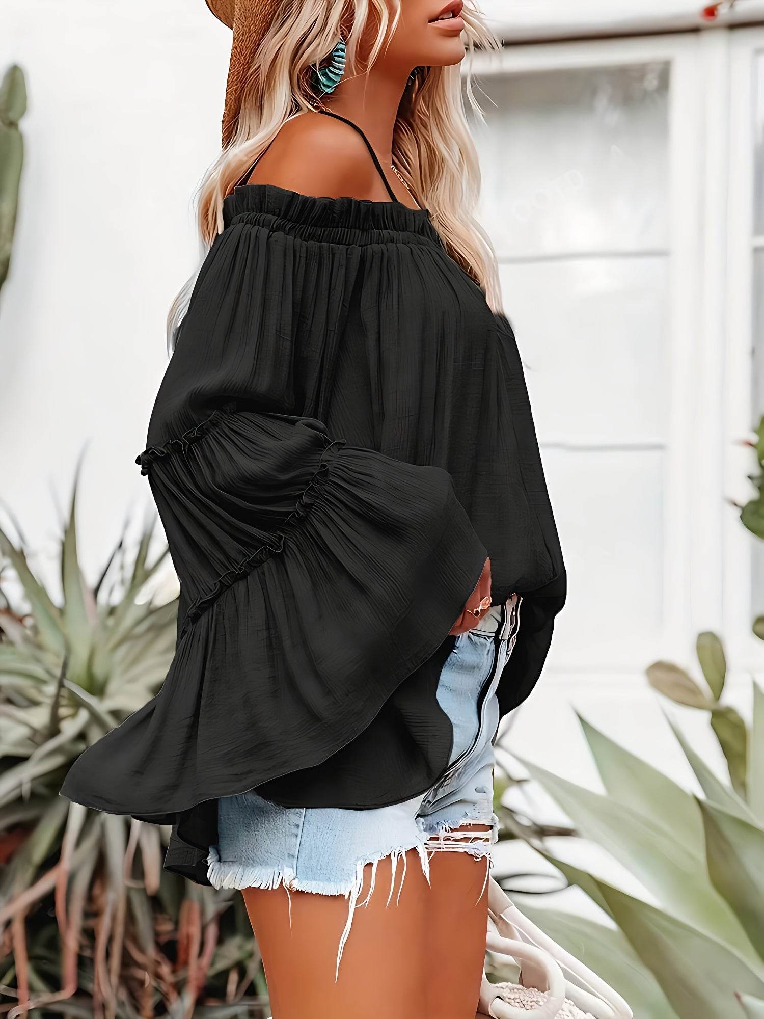 Elegant Women's One Shoulder Flared Sleeve Shirt - Solid Color Casual Wear - Buy Center US