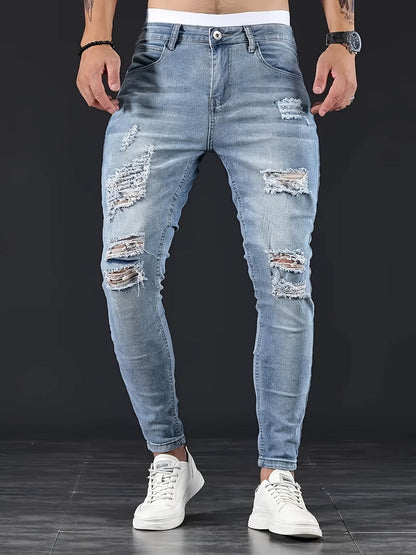 Slim-Fit Ripped Jeans for Men - Casual Fashion with Medium Stretch - Buy Center US