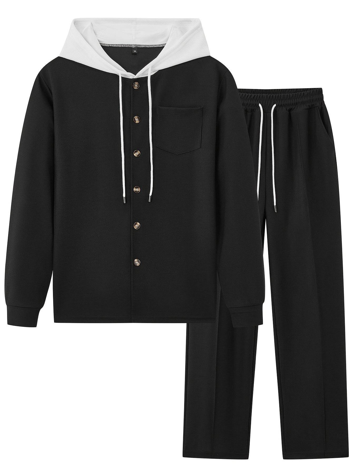 Men's Two-Piece Waffle Knit Set - Hooded Cardigan & Drawstring Pants - Buy Center US
