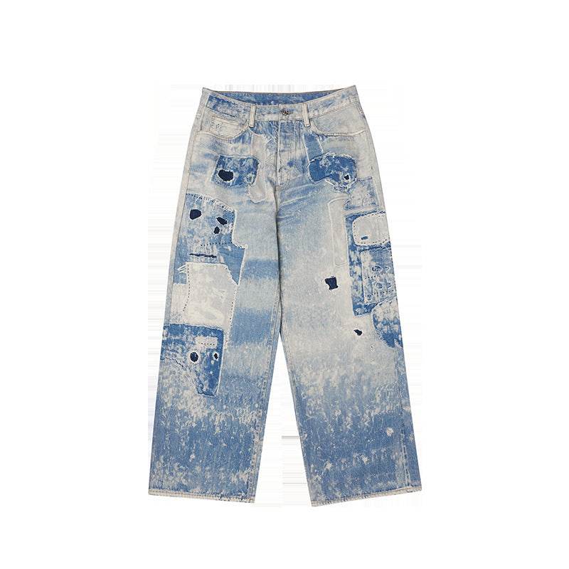 Washed Tie-Dyed Cotton Jeans for Youth - Straight-Leg Mid Waist Style - Buy Center US