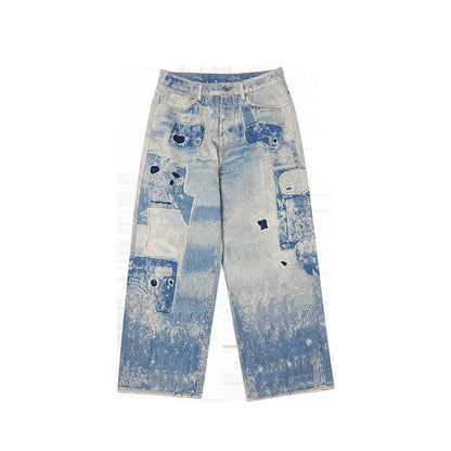 Washed Tie-Dyed Cotton Jeans for Youth - Straight-Leg Mid Waist Style - Buy Center US