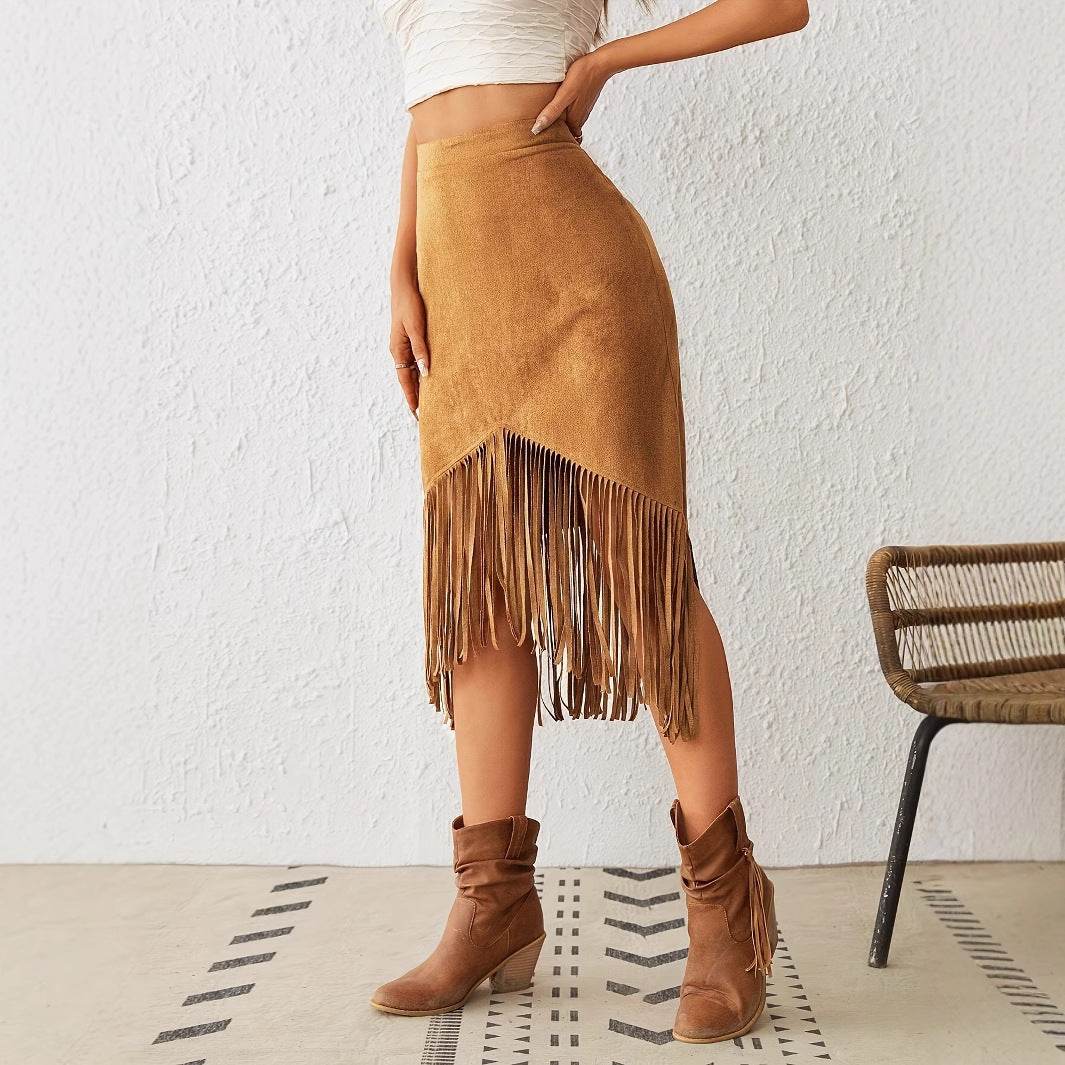 Women's Western Style Fringe A-Line Skirt - High Waisted, Casual Chic - Buy Center US
