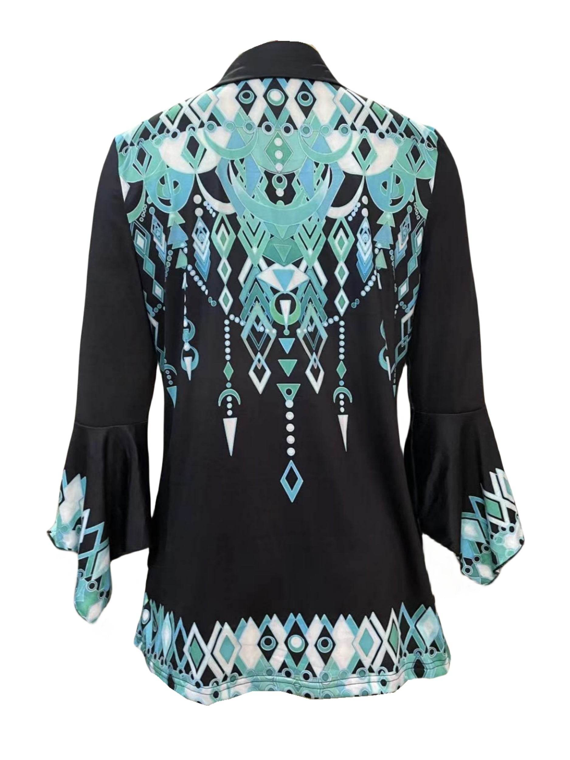 Spring Autumn Printed Lapel Green T-Shirt - Three-Quarter Sleeve Top - Buy Center US