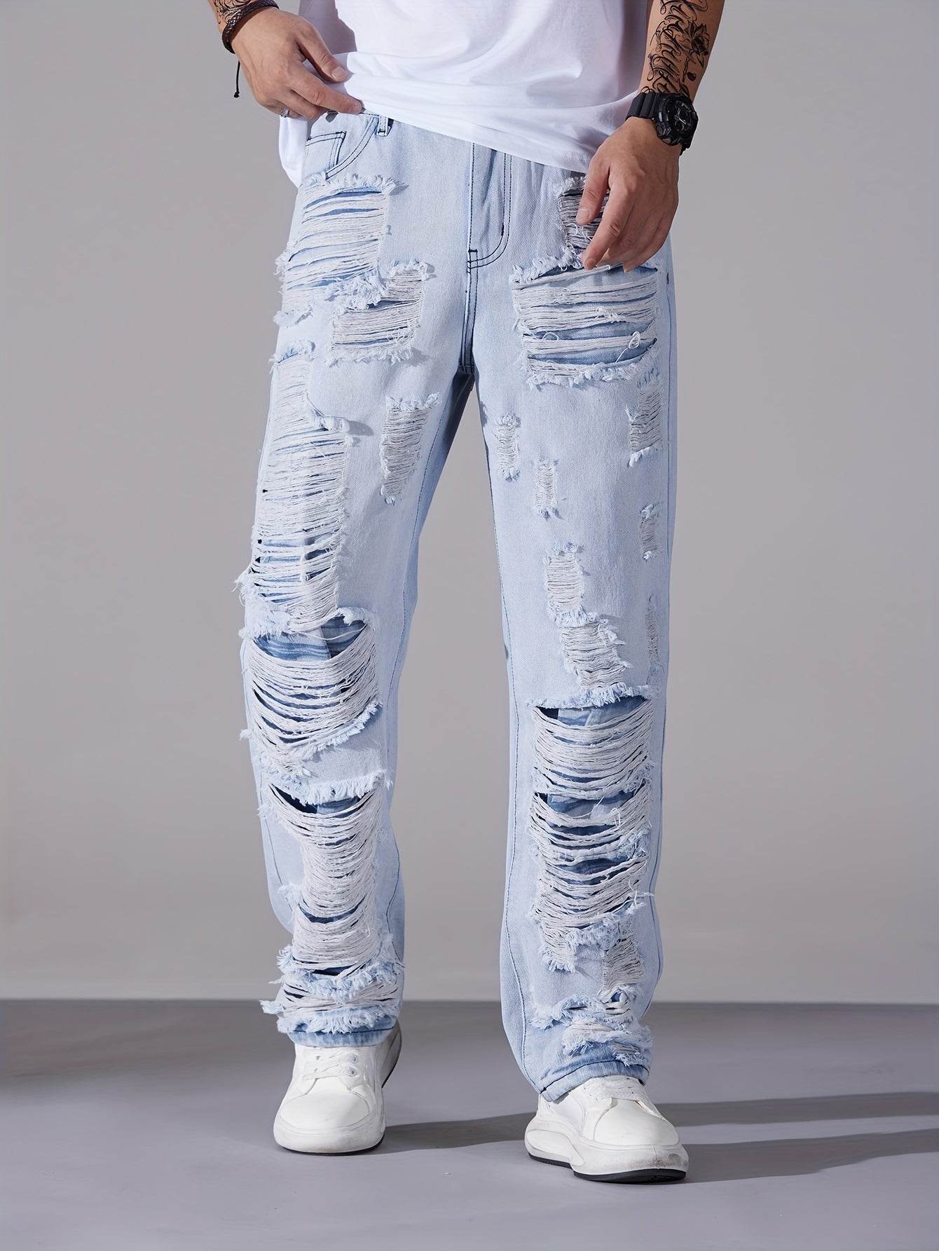 Men's Casual Distressed Denim Jeans - Solid Color, Regular Fit, Ripped Details - Buy Center US
