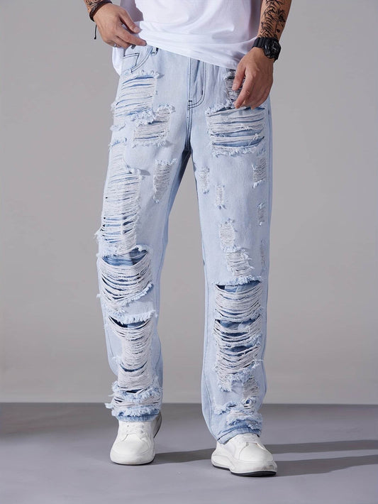 Men's Casual Distressed Denim Jeans - Solid Color, Regular Fit, Ripped Details - Buy Center US