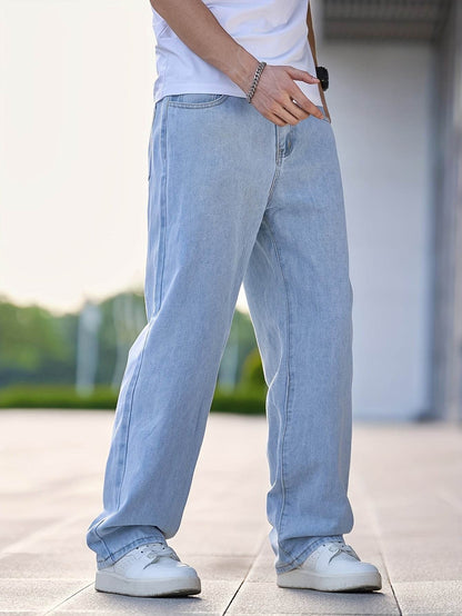 Men's Loose Fit Straight Leg Jeans - Washed Blue, All-Season Comfort - Buy Center US