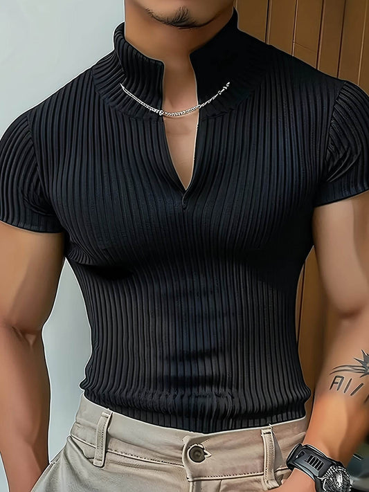 Men's Red V-Neck Striped Athletic Shirt - Slim Fit Short Sleeve Top - Buy Center US