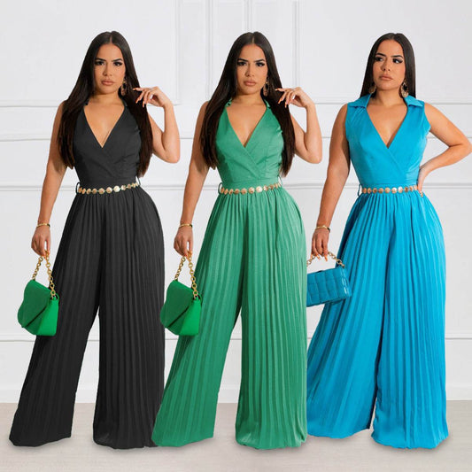 Cinched Pleated Wide Leg Jumpsuit - High Elasticity, Stylish Fit - Buy Center US
