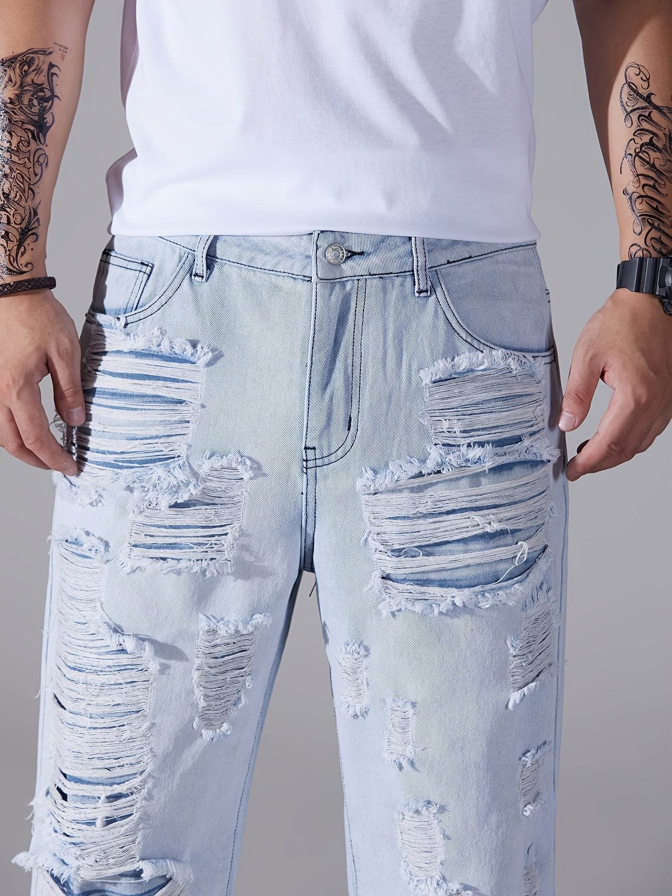Men's Casual Distressed Denim Jeans - Solid Color, Regular Fit, Ripped Details - Buy Center US