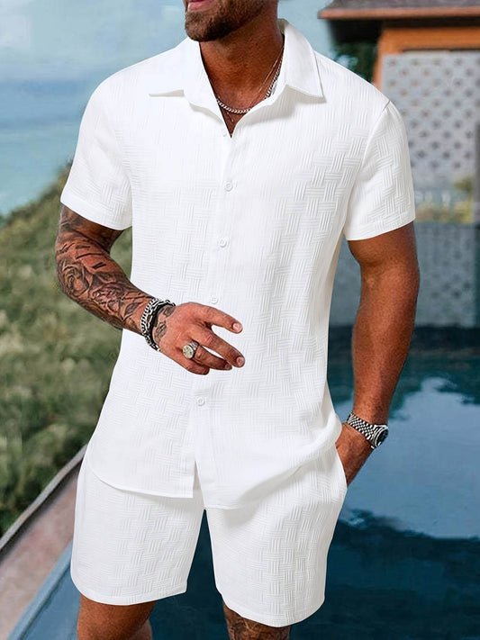 Men's Spring/Summer Striped Two-Piece Suit - Casual Short-Sleeve Shirt & Shorts - Buy Center US