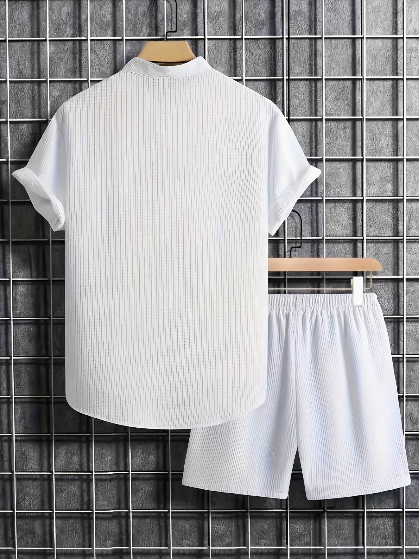 Men's Solid Color Jacquard Shirt & Drawstring Shorts Set - Casual Style - Buy Center US