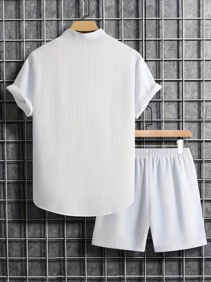 Men's Solid Color Jacquard Shirt & Drawstring Shorts Set - Casual Style - Buy Center US
