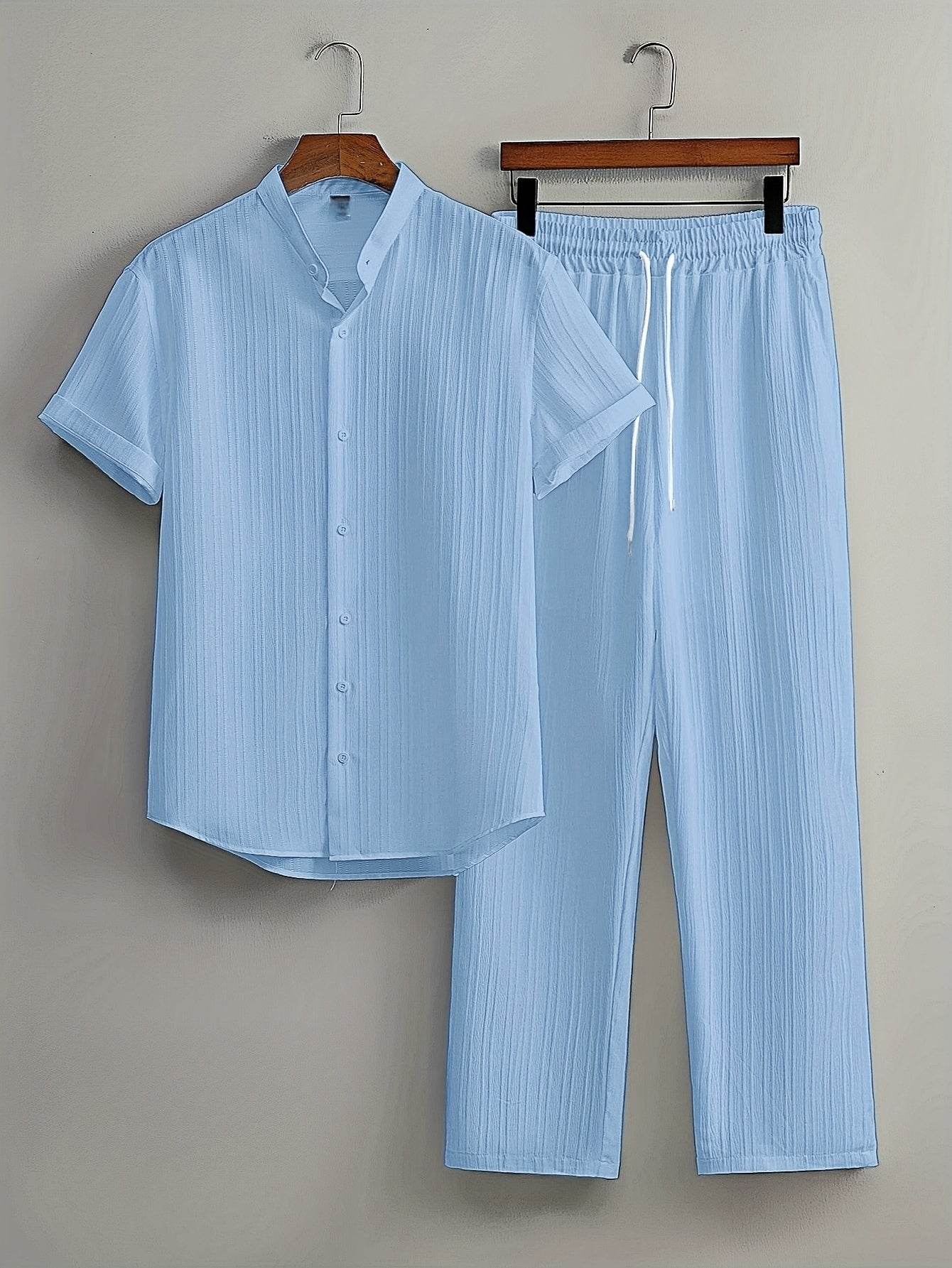 Men's Casual Striped Short Sleeve Shirt & Drawstring Pants Set - Summer Style - Buy Center US
