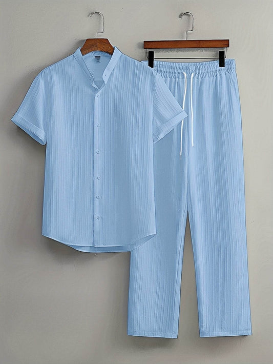 Men's Casual Striped Short Sleeve Shirt & Drawstring Pants Set - Summer Style - Buy Center US