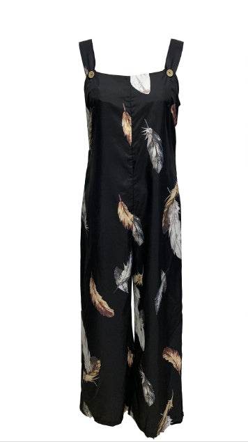 Women's Feather Printed Casual Jumpsuit - Lightweight, Long Sleeve Style - Buy Center US