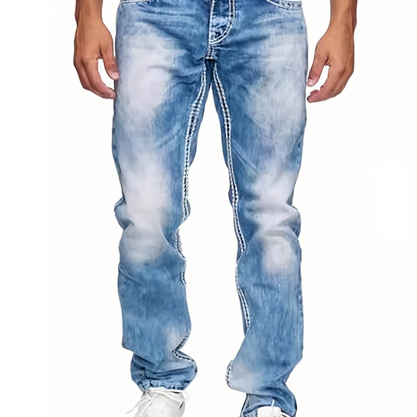 Men's Classic Blue Jeans - Stretch Denim with Geometric Pattern, Machine Washable - Buy Center US