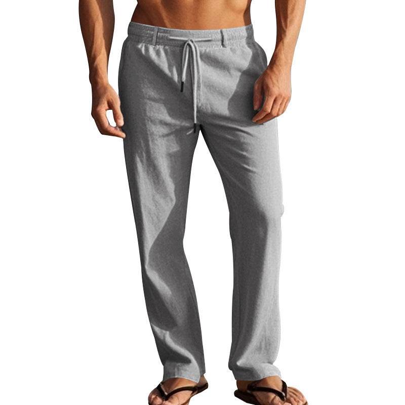 Men's Casual Solid Color Cotton Linen Trousers - Drawstring & Straight-Leg - Buy Center US
