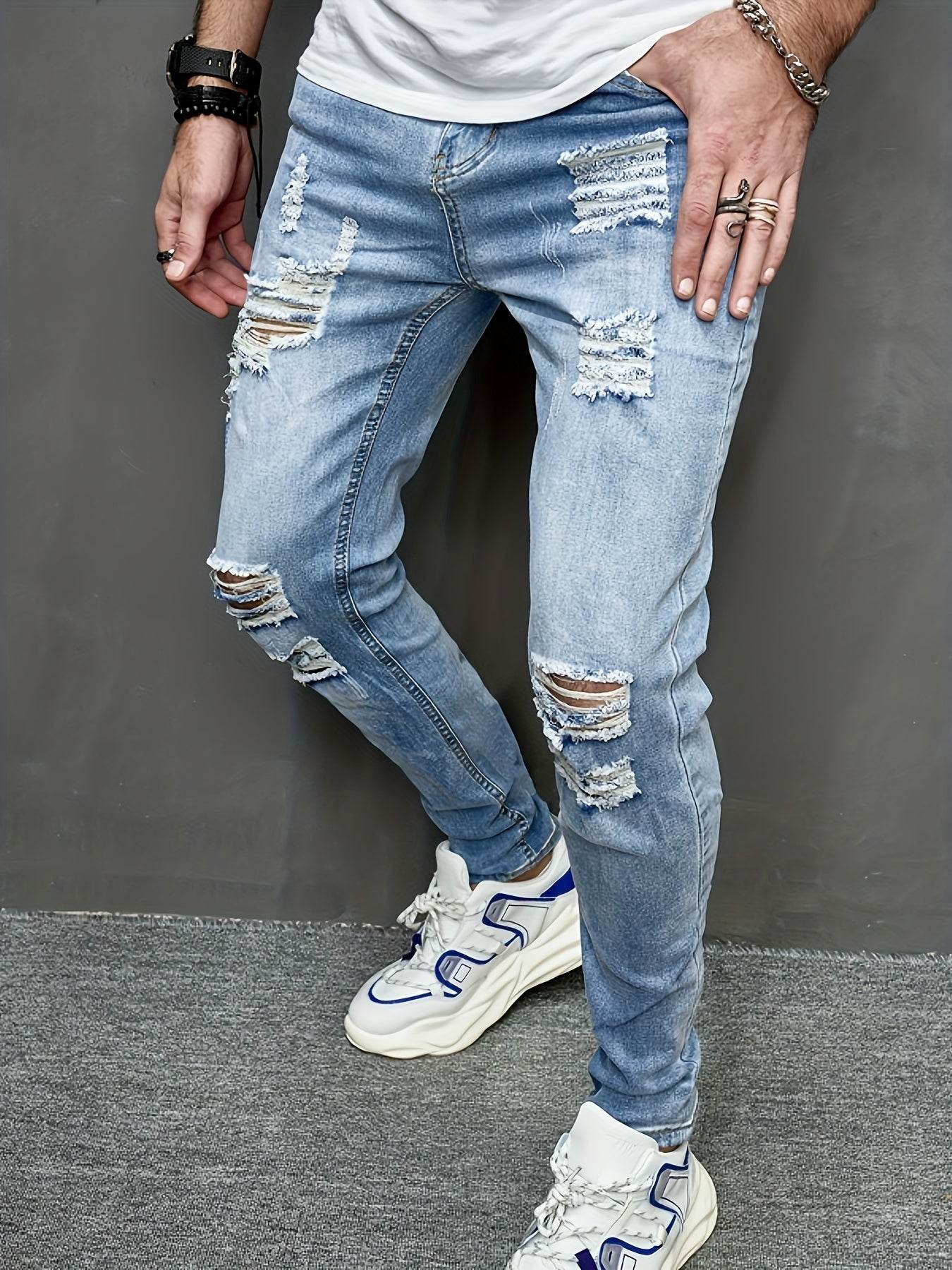 Men's Slim Fit Distressed Jeans - Ripped Stretch Denim, Light Blue - Buy Center US