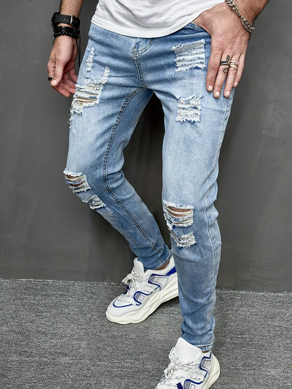 Men's Slim Fit Distressed Jeans - Ripped Stretch Denim, Light Blue - Buy Center US