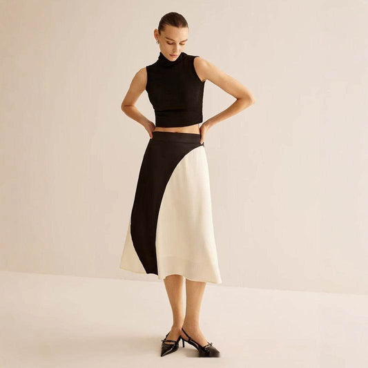 Color Contrast Patchwork Women's Skirt - Fresh Satin Asymmetric Design - Buy Center US