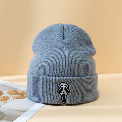 Buycenter Dark Embroidered Ghost Face Knitted Hat - Stylish Winter Accessory - Buy Center US
