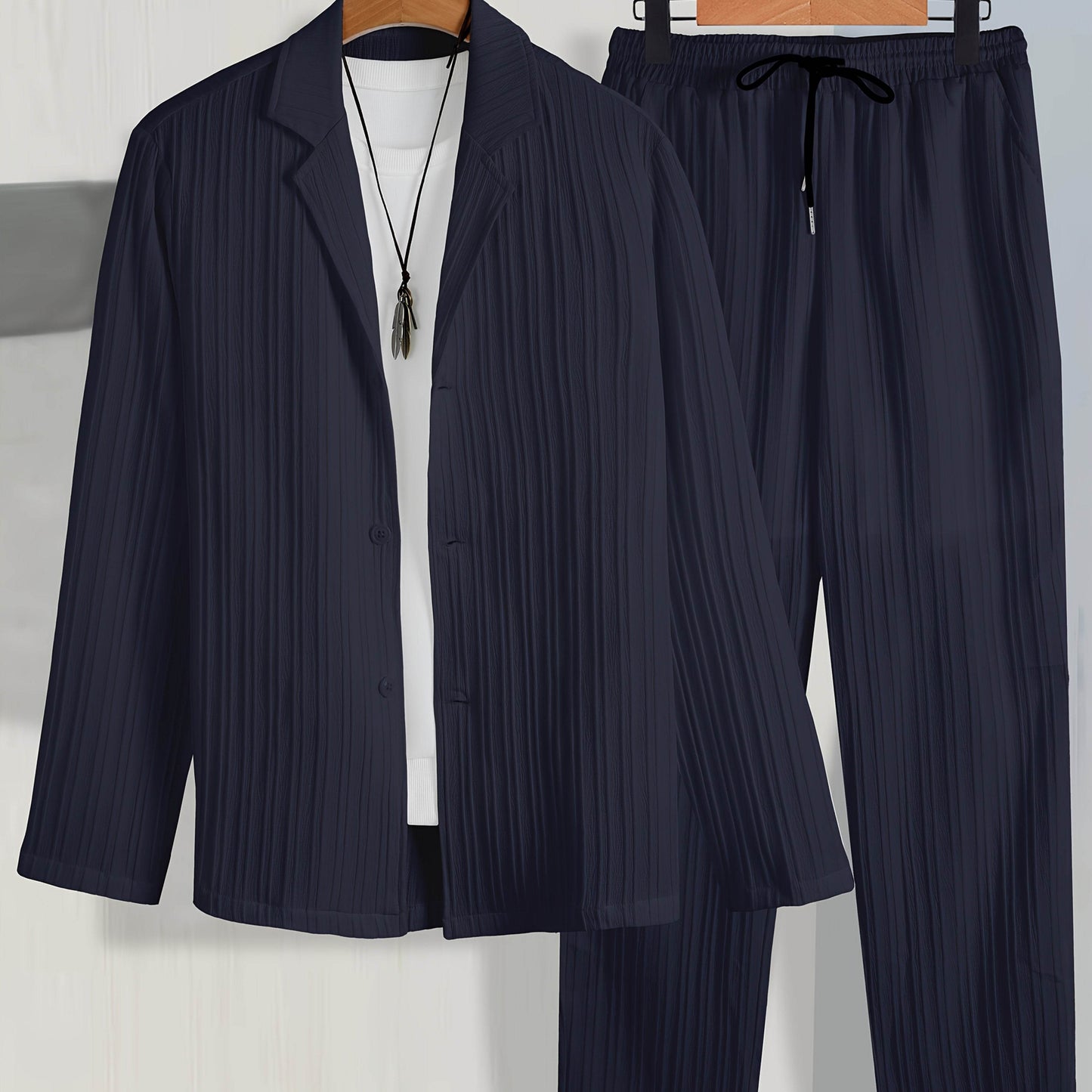 Men's Casual Suit Set - Long Sleeve Shirt & Drawstring Trousers - Buy Center US