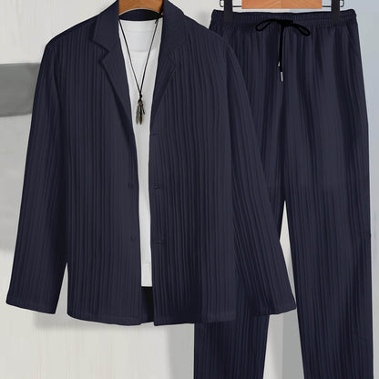 Men's Casual Suit Set - Long Sleeve Shirt & Drawstring Trousers - Buy Center US