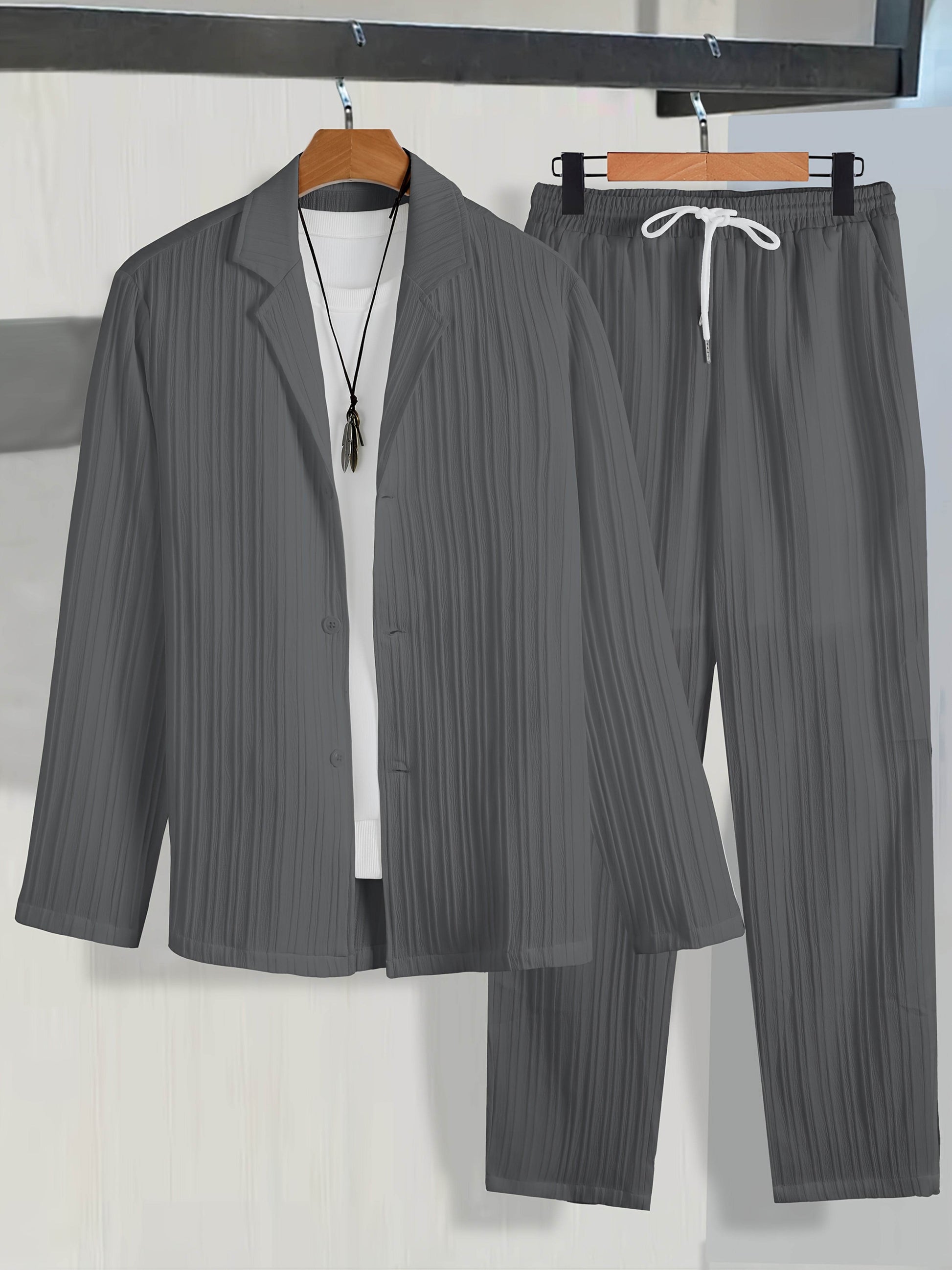 Men's Casual Suit Set - Long Sleeve Shirt & Drawstring Trousers - Buy Center US