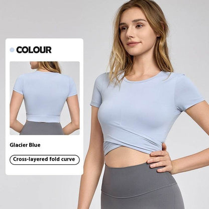 Short Sleeve Cross Pleated Yoga Top - Women's Activewear in Light Pink & Black - Buy Center US