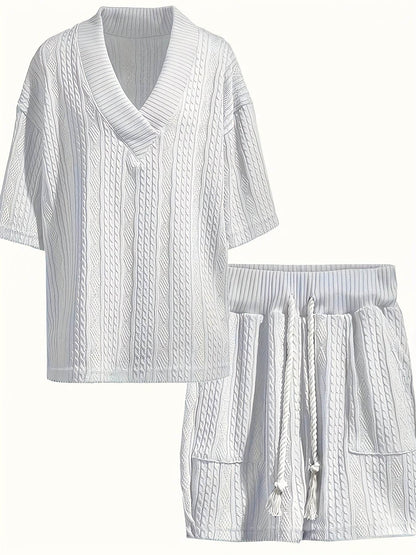 Men's V-Neck Casual Summer Suit - Breathable Mid Sleeve Top & Shorts - Buy Center US