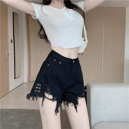 Vintage Denim Shorts - Micro Elastic High Waist with Frayed Design - Buy Center US