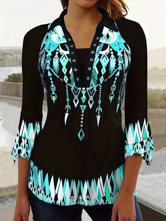 Spring Autumn Printed Lapel Green T-Shirt - Three-Quarter Sleeve Top - Buy Center US