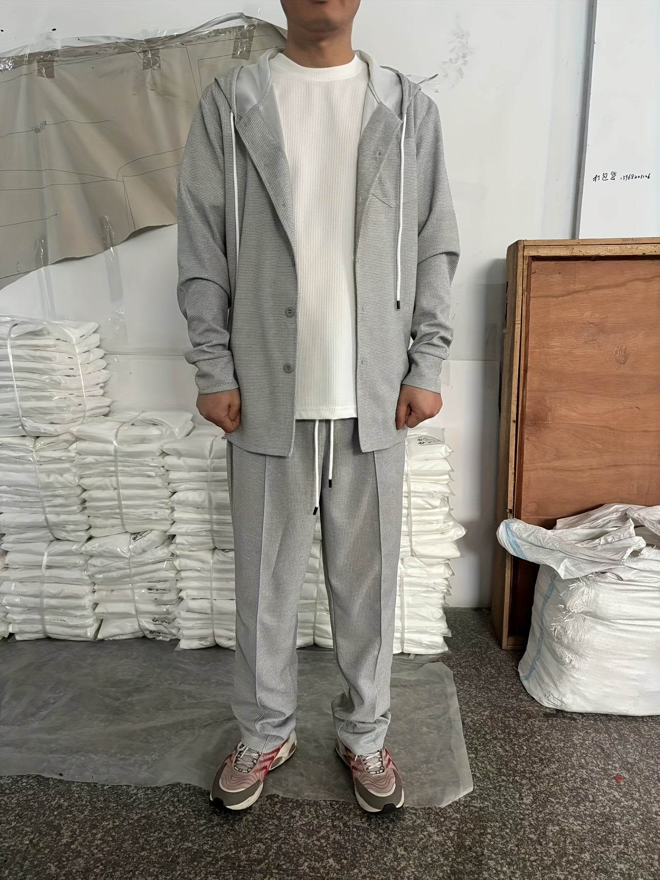 Men's Two-Piece Waffle Knit Set - Hooded Cardigan & Drawstring Pants - Buy Center US