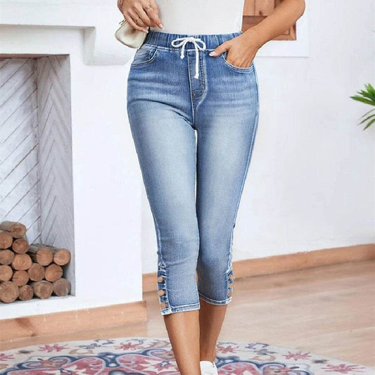 Women's Elastic Waistband Lace-up Stretch Jeans - Light Blue Denim - Buy Center US