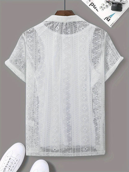 Men's Casual Lapel Button-Up Shirt - Geometric Print, Short Sleeve Summer Style - Buy Center US