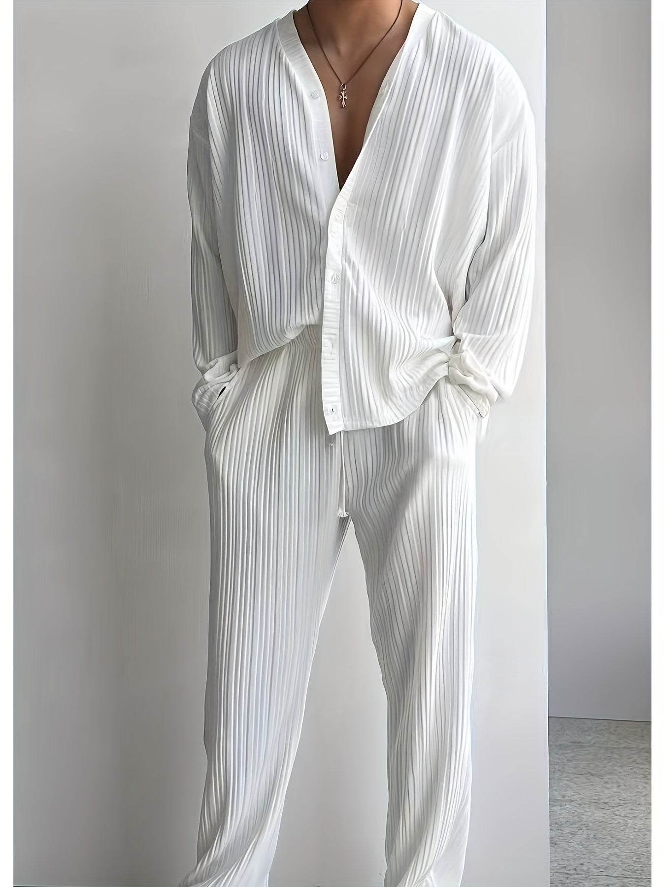 Men's Elegant Striped Button-Up Shirt & Pants Set - V-Neck Beach Attire - Buy Center US