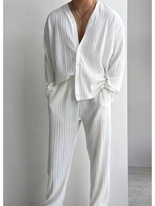 Men's Elegant Striped Button-Up Shirt & Pants Set - V-Neck Beach Attire - Buy Center US